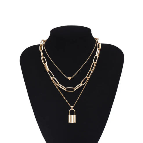 Stylish Necklaces Multi Layer Lover Lock Necklace For Girls, Women, (golden)